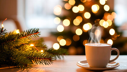 Hot steaming mug on a wooden table, pine branches with string lights and a blurred festive Christmas tree