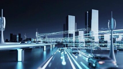 Futuristic cityscape with autonomous cars on illuminated highways at night, showcasing advanced technology and digital connectivity, with towering skyscrapers and glowing data streams in a modern - Powered by Adobe