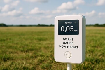 This smart ozone monitor displays current atmospheric ozone levels. It emphasizes environmental awareness and air quality concerns.