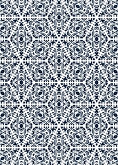 A geometric pattern repeats across the surface. The pattern has a dark blue design on a white background, with motifs including star shapes and diamond shapes.