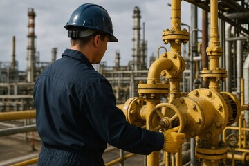 Engineer in safety hard hat adjusts industrial valve at oil refinery. Worker ensures process facility operations are effective and safe.