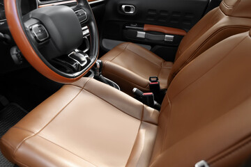View of brown leather seats in modern car