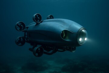 An autonomous underwater vehicle explores the deep sea with its bright lights. This advanced drone captures unseen aquatic mysteries.