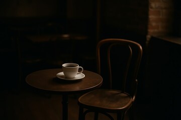 A cup of coffee sits alone on a small table in a dark, cozy cafe setting. This invites a moment of quiet reflection and peaceful solitude.
