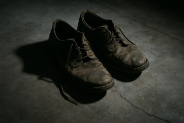 Weathered, old work shoes rest on a cracked concrete floor. A low-key lighting setup emphasizes texture and wear.