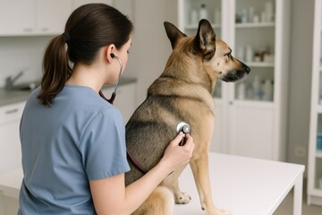 Veterinarian listening to a dog's heartbeat with a stethoscope. Pet receiving a medical examination during a vet visit.