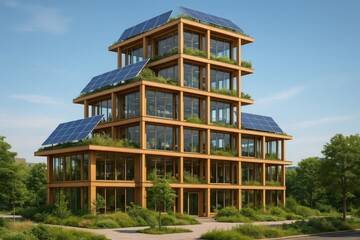 Modern eco-friendly building showcases sustainable design and green technologies. Solar panels adorn the contemporary architecture, surrounded by lush vegetation.
