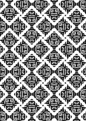 A symmetrical pattern features bold black geometric shapes on a white background, creating a tribal or ethnic aesthetic. The design repeats to form a continuous texture.