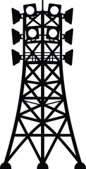 A stark black silhouette of a cellular communication tower against white background