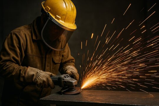 Worker in protective gear uses an angle grinder, creating a shower of vibrant sparks. This industrial process highlights craftsmanship and safety in action.
