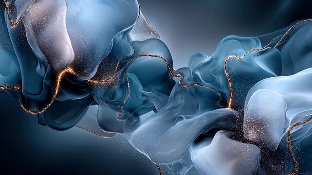 Abstract luxury blue fluid art background with shimmering gold glitter veins and marble texture