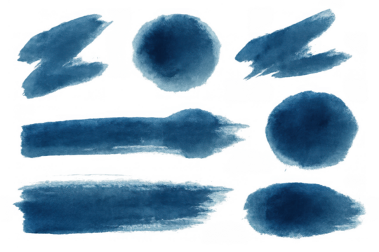 Indigo watercolor brush strokes and paint splatters, abstract blue ink stains with transparent background for design