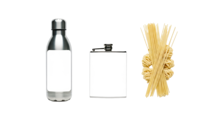 Assorted Kitchen Items Including Bottle Flask and Pasta.