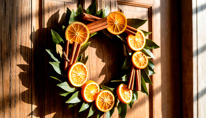 Festive wreath featuring dried orange slices, cinnamon sticks, and bay leaves, creating a warm, cozy holiday atmosphere