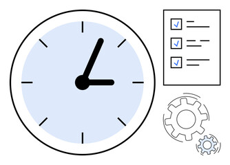 Large clock face, checklist with marked tasks, and gear icons representing productivity, scheduling, organization, workflow, time tracking, project planning and efficiency. Simple flat metaphor