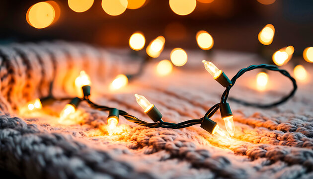 Cozy string lights creating a festive, warm glow on a soft, knitted blanket, evoking comfort and holiday atmosphere