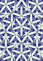 Abstract pattern composed of repeating shapes. It features alternating triangles and hexagons in a blue and white color scheme. The structure is formed by thin lines.