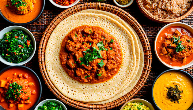 Traditional Ethiopian feast featuring injera bread, rich doro wat, gomen wat, misir wot, and other flavorful stews