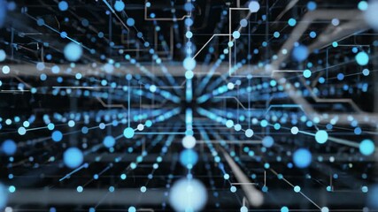 Abstract Nodes Moving in Network Grid for Data Processing, Blue Tones - Powered by Adobe