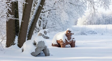 Snow covered sculptures in a winter landscape with trees and bright sunlight