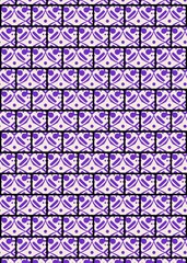This artwork features a vibrant geometric pattern made up of purple designs set against a white background, creating a visually striking effect in an artistic space.