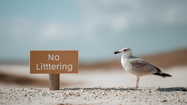 a seagull stands next to a no littering sign, advocating for environmental preservation