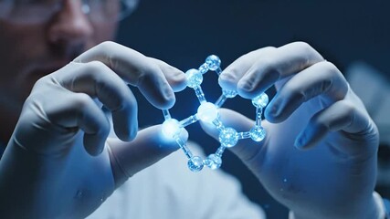 A scientist in a lab coat and gloves examines a glowing molecular structure, a blue light effect - Powered by Adobe