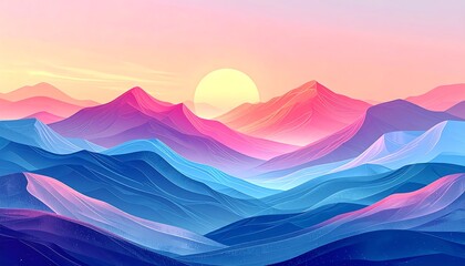 A vibrant sunrise casts colorful hues across rolling mountain ranges. The light filters, creating a majestic and serene layered landscape