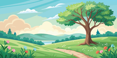 Obraz premium Cartoon spring landscape background with tree flowers and path vector illustration design art 