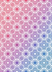 This colorful geometric pattern showcases an intricate design with repeated shapes and vibrant hues transitioning from pink to blue. The unique arrangement creates visual interest and depth.
