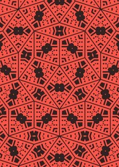 A bold pattern featuring geometric shapes in red and black creates an eye-catching design. The intricate details draw attention and inspire creativity in various decor elements.