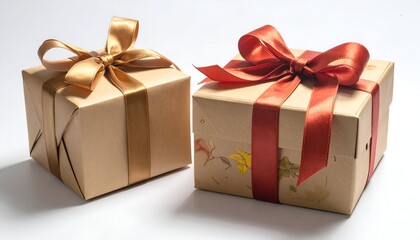 Two brown square gift boxes with colorful ribbons and bows on a white surface