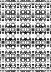 This design features a complex arrangement of black and white geometric shapes in a repeating pattern. The intricate details create a visually striking piece suitable for fabric or wall decoration.
