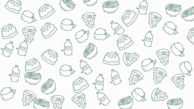 Doodle Food Drawn pizza slices, puddings, bowls, and bottles randomly cover a blank white background. Suitable for foodrelated designs and advertisements.