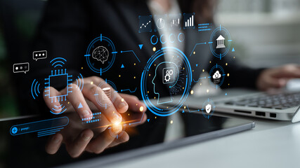 An advanced AI system for business and financial analysis. A futuristic interface for commanding an AI to process data from various domains. Motif