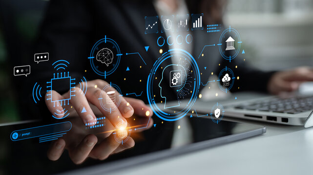An advanced AI system for business and financial analysis. A futuristic interface for commanding an AI to process data from various domains. Motif - Powered by Adobe
