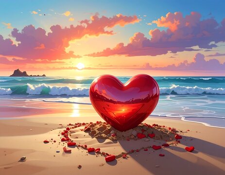 A vibrant sunset scene with a shiny red heart on a sandy beach. Waves crash nearby. Clouds glow, reflecting the warm colors - Powered by Adobe