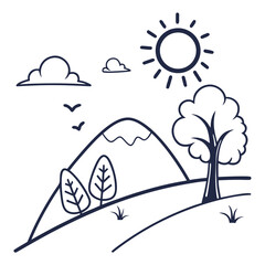 Hand drawn landscape with mountain, trees, sun and clouds isolated on
