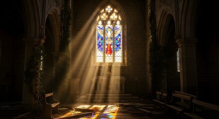 Sunlight streaming through a stained glass window illuminates the interior of a historic church with wooden pews and stone walls, creating a peaceful and reverent atmosphere