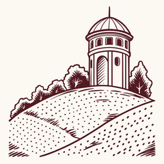 Hand drawn landscape with tower on a hill, vintage style vector illustration