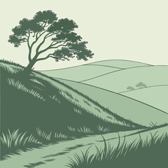 Green landscape with tree and path, vector illustration background