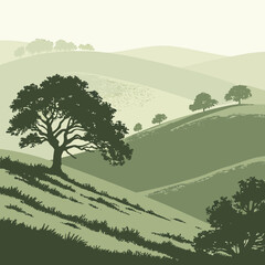 Green landscape with rolling hills and trees, vector illustration background