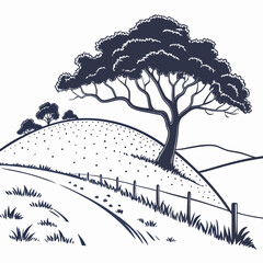 Landscape with tree on hill, fence and path isolated on