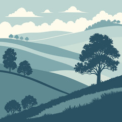 Silhouette of a tree on a hill with rolling hills and clouds in the background