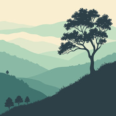 Silhouette of a tree on a hill with layers of mountains in the background