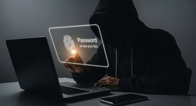 Hacker in a black hoodie using a laptop and a holographic interface displaying a fingerprint and password prompt, symbolizing cybercrime and data breach - Powered by Adobe
