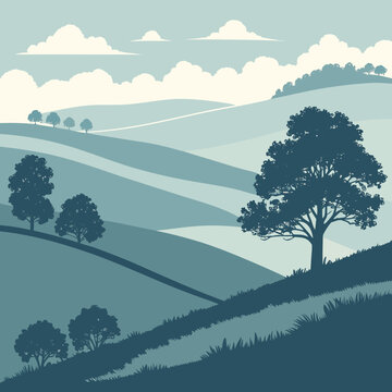 Silhouette of a tree on a hill with rolling hills and clouds in the background