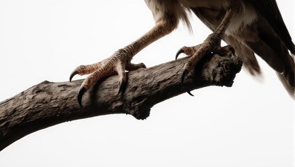 Close up of a bird of preys talons gripping a tree branch.