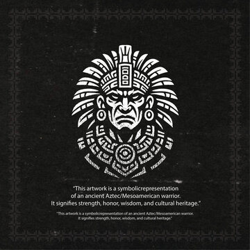 Ancient Aztec Warrior Illustration,  Aztec Tribal Mask Black and White Design, Mesoamerican Tribal Warrior Head Artwork.