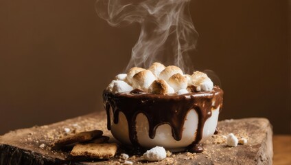 Steaming Hot Chocolate with Toasted Marshmallows and Chocolate Drizzle.